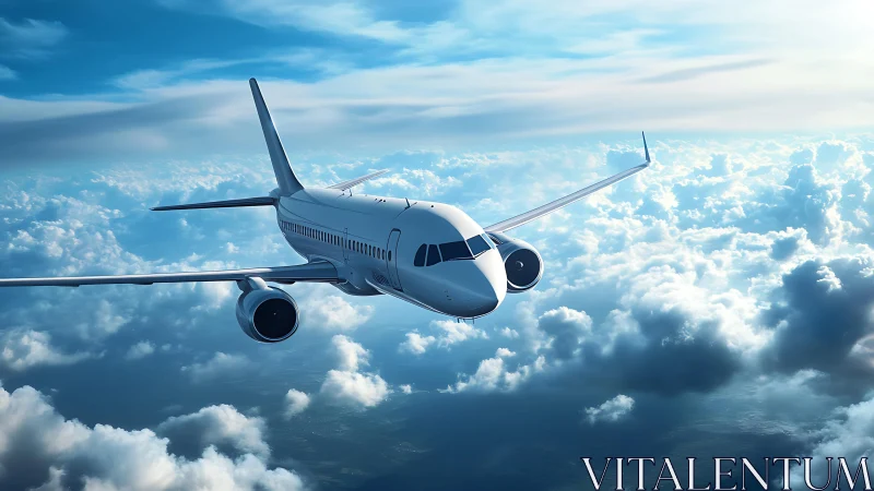 Modern passenger jet cruising above dramatic cloudscape.