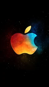 Apple logo glows in a colorful cosmic nebula space field.