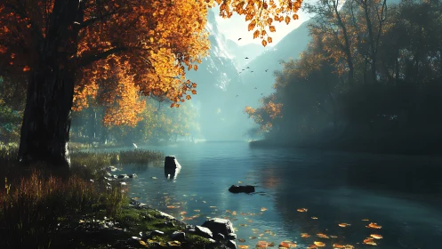 Autumn river valley with misty mountains and foliage.