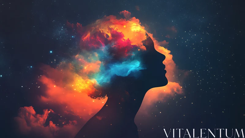 Silhouette mindscape with nebula clouds and cosmic color field.