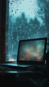 Open laptop by rain-covered window with starfield display.