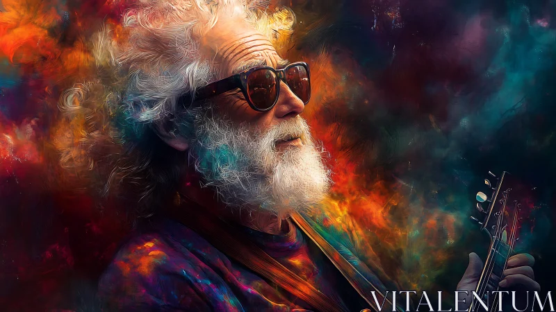 Elder guitarist in cosmic neon colors, digital portrait.