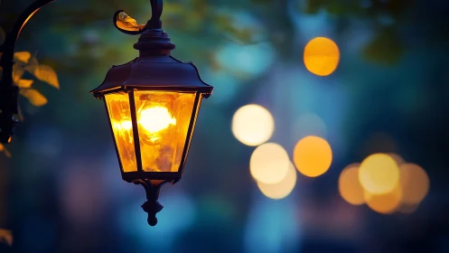 Gas-style street lantern with shallow depth and warm bokeh glow.