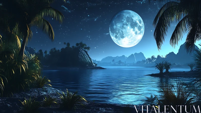 Luminous Moon Over Tropical Paradise. Nocturnal Serenity.