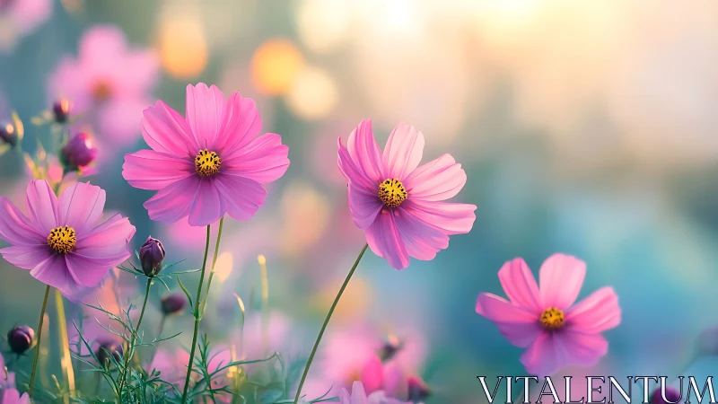 Pink cosmos flowers with vibrant yellow centers in soft-focus natural light