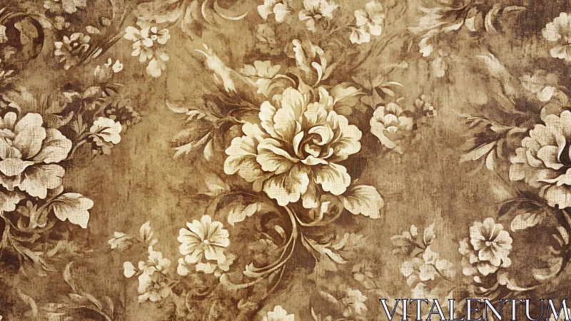 Sepia garden whispers on timeworn vintage floral wallpaper.