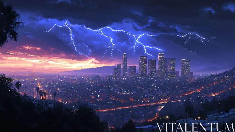 Electrified dusk skyline over dense city grid under storm