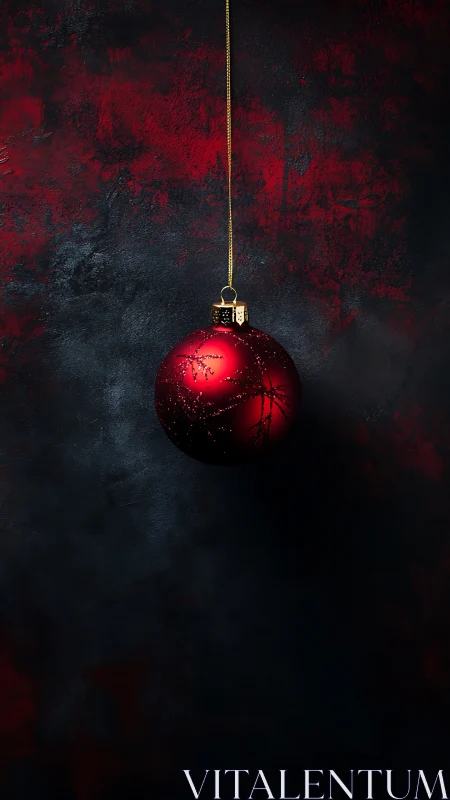 Minimalist red bauble on dark textured festive backdrop.