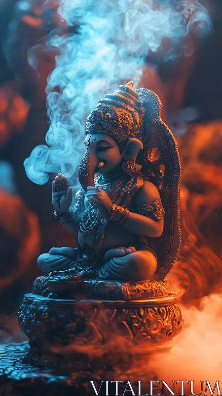 Incense lit Ganesh statue in vivid blue and orange smoke.