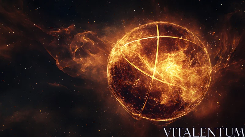 Incandescent plasma sphere with fiery filament grid in space