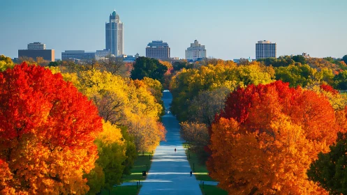 Urban skyline framed by vivid autumn foliage and avenue.