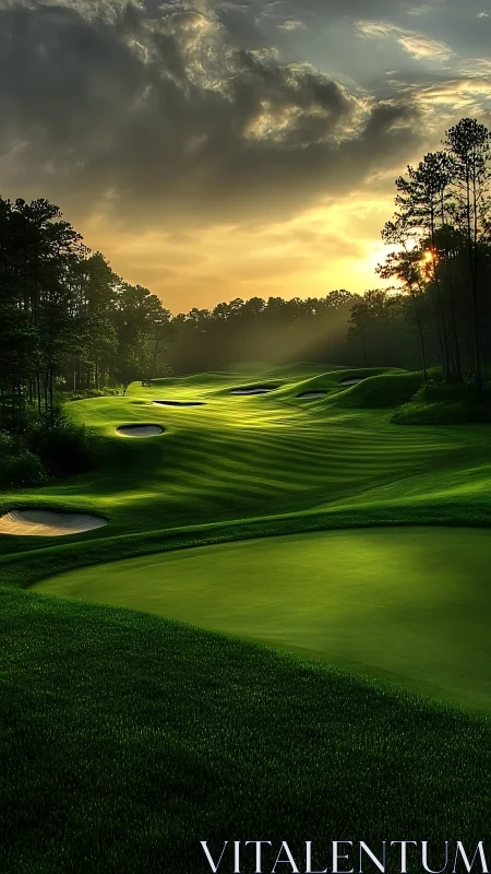 Sunlit golf fairway renders sculpted contours at dusk