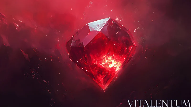 Luminous crimson crystal heart in swirling scarlet void.