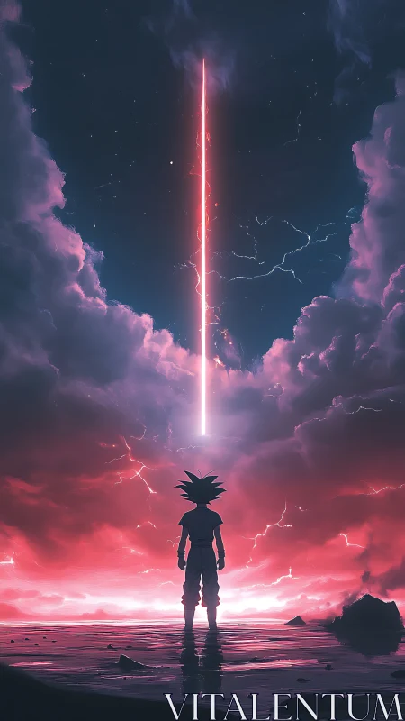 Stormlit warrior beneath a cosmic sky-splitting beam.