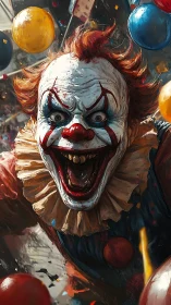 Hyperreal carnival clown in kinetic close-up perspective.