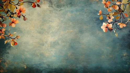 Soft vintage blossoms drift across a textured teal sky
