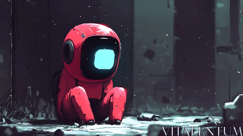 Lonely red spaceman sits in a cold, ruined corridor.