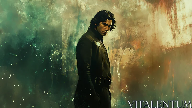 Solitary male figure before diffuse abstract color field.