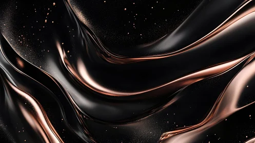 Luxurious flowing black silk with metallic copper highlights, abstract style.
