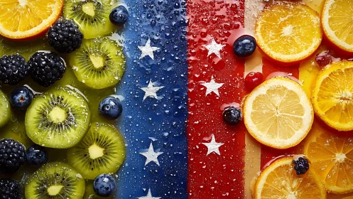 Citrus and berries styled over glossy flag stripes backdrop.