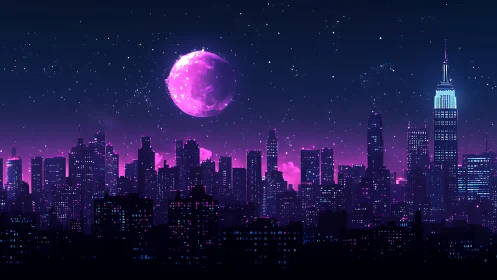 Neon lunar skyline panorama in retro-futurist digital silhouette.