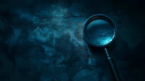 Magnifying Glass on Dark Textured Surface, Dramatic Lighting.