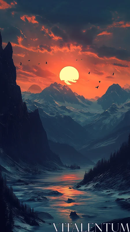 Crimson sun over glacial valley river at twilight.