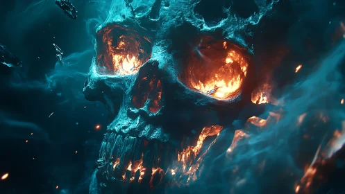 Thermal-etched infernal skull within volumetric cyan nebula.