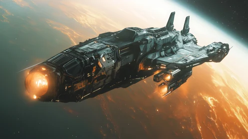 Heavily armed starship cruising in low planetary orbit.