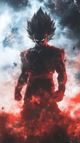 Dark anime warrior in blazing red cosmic aura storm.