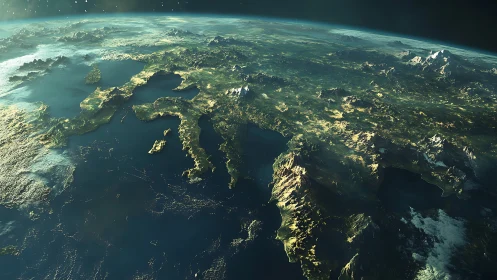 Oblique orbital view of European peninsula and coastline.