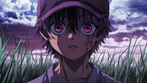 Shock-stricken boy with glowing eyes in violet dusk field.