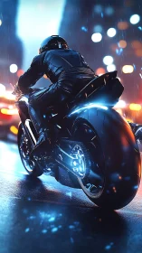 Neon-lit sport motorcycle racing through rainy cyber city streets.
