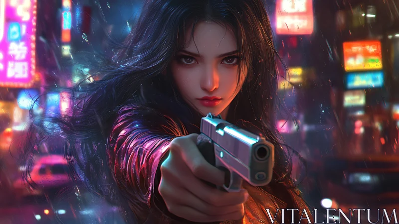 Midnight vigilante in neon rain, eyes locked on destiny.