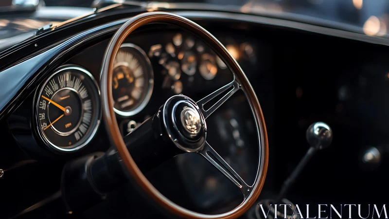 Classic car cockpit with wood steering wheel closeup.