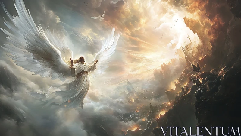 Radiant angel rises over stormy skies and distant ruins