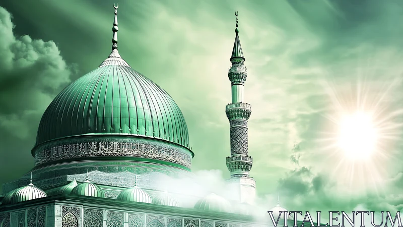 Green mosque dome and tall minaret stand under bright sun