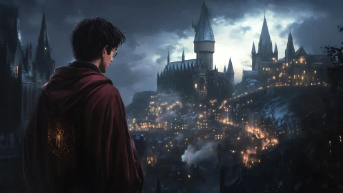 Cloaked young wizard studies a stormy, torchlit castle realm