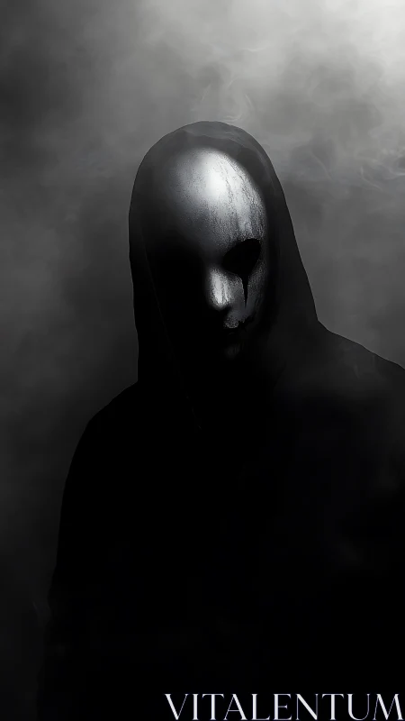 Hooded chrome phantom emerging from a storm of smoke.