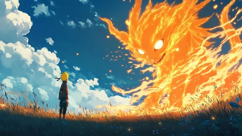 Fiery fox spirit towers over lone ninja under vivid sky.