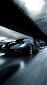 High-gloss black supercar under elevated highway in motion