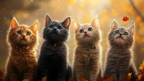 Four kittens with glowing outlines posed upward in autumn setting.