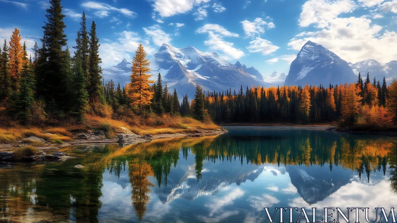 Alpine lake reflection with autumn conifers and snow peaks.