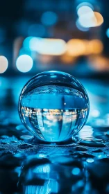 Glass orb reflects blue city bokeh on wet night pavement