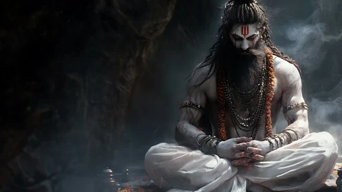Ascetic yogi meditates in smoky cave with sacred markings.