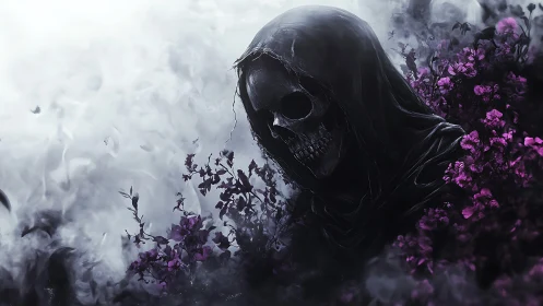 Hooded grim reaper emerges amid ominous violet blossoms.