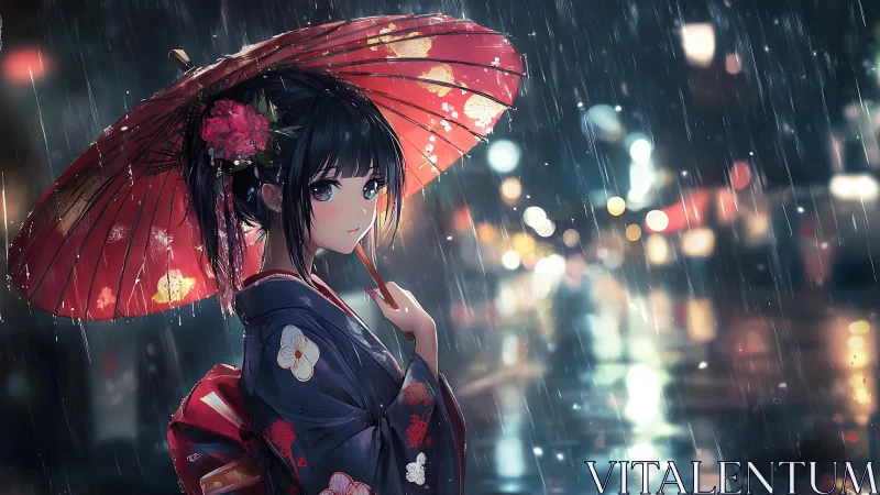 Rain-soaked street scene isolates kimono girl under red umbrella