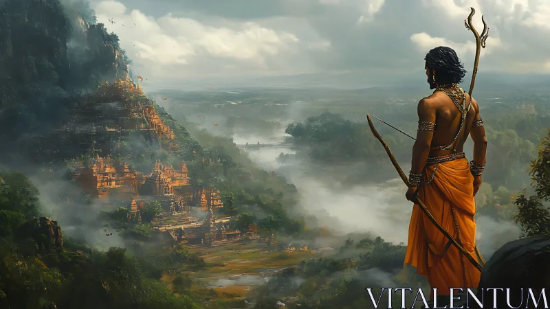 Warrior with bow overlooks misty valley and temple city