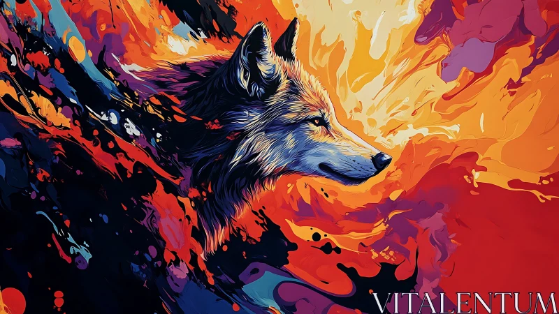 Vivid wolf profile in molten abstract chromatic flames.