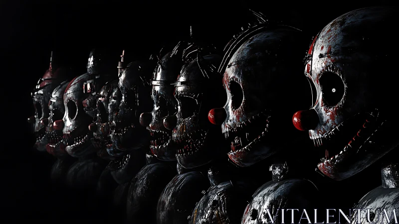 Midnight parade of haunted clown-like metal dolls.